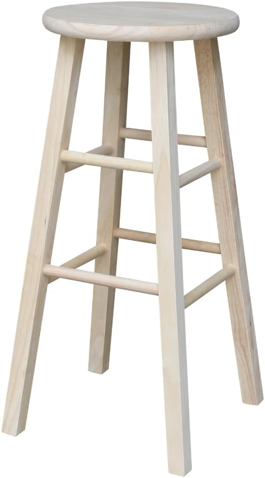 International Concepts Round Top Stool, 29-Inch Bar Height, Solid Parawood, Unfinished