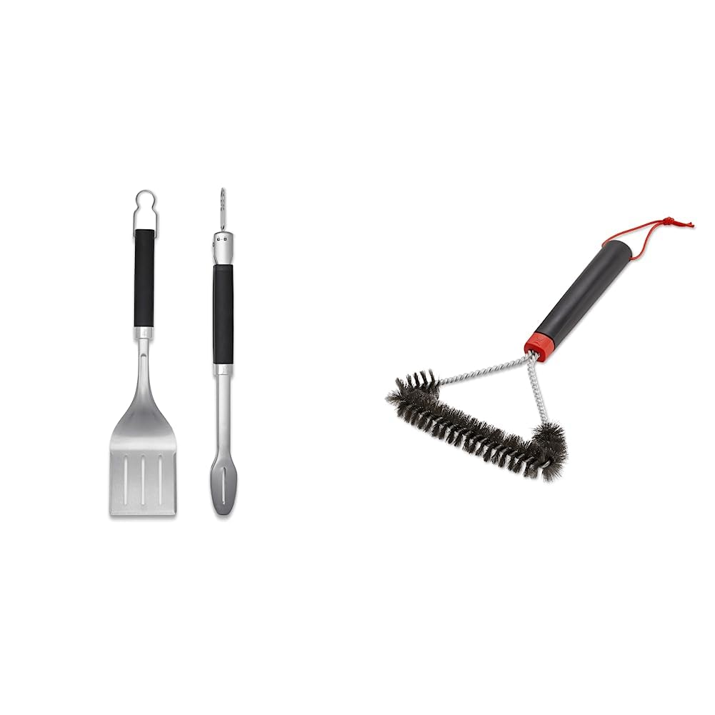 Weber 6763 Precision Grill Tongs & Spatula Set Premium Grillbesteck-2-teilig, Schwarz/Silber & Three-Sided Grill Brush Dreiseitige Grillbürste, 30 cm, Schwarz/Silber, 6277