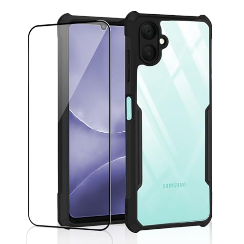 Image of Back Cover Case + Screen Protector for Samsung Galaxy F07 | Transparent & Black Mobile Phone Back Cover Case for Samsung Galaxy F 07 / Samsung F07 | TPU & PC Black Mobile Phone Back Cover