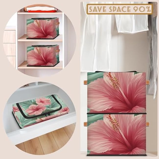 Storage Baskets with Lid Hibiscus Flower Palm Leaves Storage Bins Storage Box Collapsible Canvas Closet Shelf Basket Toy Book Clothes Organizer 2 pack