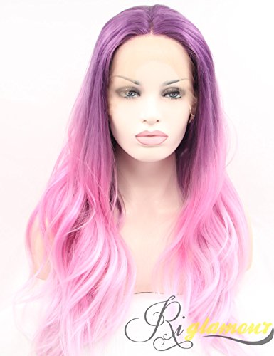 Riglamour Long Pink Wig Purple Roots Ombre Cosplay Lace Front Synthetic Wigs for Girls and Women Heat Resistant 100% Fiber Hair Natural Straight