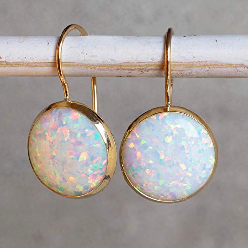 14K Gold White Opal Large Drop Earrings - 14K Solid Yellow Gold October Birthstone Dangle Earrings, 12mm Large Opal Gemstone, Bridal Wedding Jewelry for Brides, Dainty Handmade Gift for Classy Women