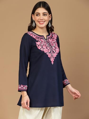 Image of QAZMI Women's Naila Kashmiri Aari Embroidered Viscose Rayon Full Sleeves A-Line Short Kurti
