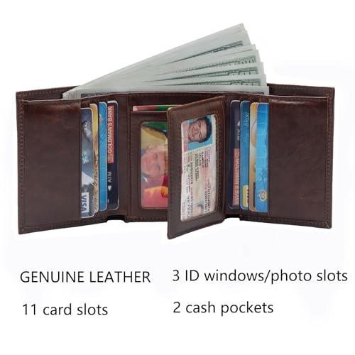 Mens Genuine Leather Wallet,Large Capacity Trifold Wallet for Men with 3 ID Window (BROWN)2