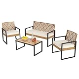 PHI VILLA Gartenmöbel Balkonmöbel Set mit 1 x 2-Sitzer Sofa, 2 x Sessel und 1 x Tisch, 4 Personen Outdoor Lounge Möbel Gartensofa. Wetterfest Rattan Balkon Lounge für Garten Terrasse, Beige & Gelb