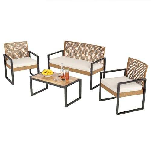 PHI VILLA Gartenmöbel Balkonmöbel Set mit 1 x 2-Sitzer Sofa, 2 x Sessel und 1 x Tisch, 4 Personen Outdoor Lounge Möbel Gartensofa. Wetterfest Rattan Balkon Lounge für Garten Terrasse, Beige & Gelb