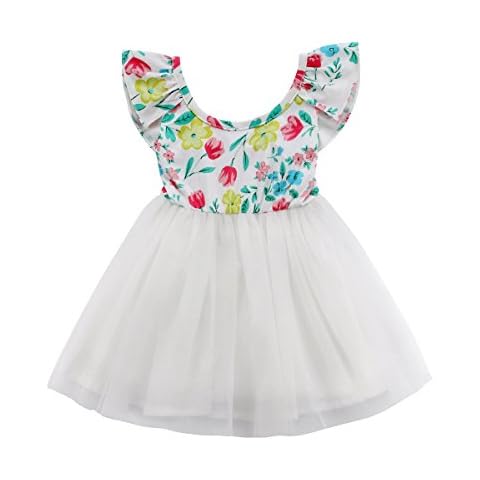 YAZAD Toddler Kids Baby Girls Short Sleeve Ruffled Floral Lace Tutu Princess Dress Skirt Sundress Summer Outfits (110/4T, White) Cover