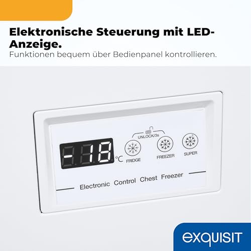 Exquisit Gefriertruhe | 198 l Nutzinhalt, Energieeffizienzklasse E, 41 dB | Schnellgefrieren, LED-Beleuchtung, elektronische Temperaturregelung, Türschloss, manuelles Abtauen | GT5201-HE-040E weiss