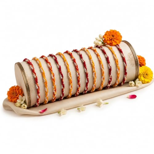 Image of Traditional Rakhi for Bhaiya, 12 Pcs Mauli Thread with Pearl Work for Raksha Bandhan with Roli Chawal, Elegant Moli Rakhi Set, Rakshabandhan Festive Gift Set for Bhai