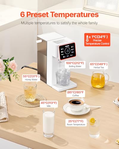 Miniatura 3 de Vevor Dispensador De Agua Caliente Instantáneo De Encimera Con 6 Temperaturas Ajustables Y 8 Volúmenes De Agua, Tanque Extraíble De 3 L, Calentamiento Rápido Con Pantalla Táctil Y Bloqueo, Blanco