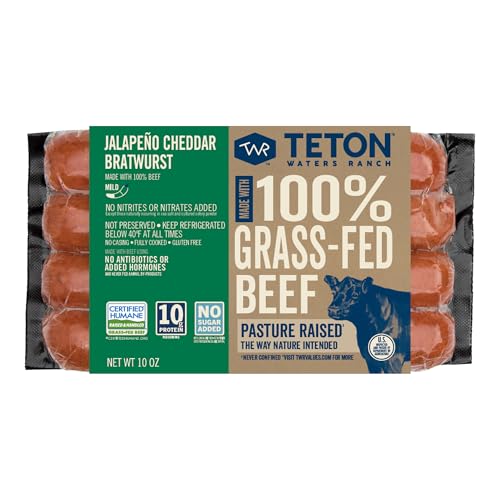 Teton Waters Ranch Jalapeño Cheddar Beef Bratwurst, 100% Grass-Fed Beef, Fully Cooked Mild Bratwurst Sausage, No Sugar, No Nitrites or Nitrates Added, Gluten Free, Certified Humane - 10 oz