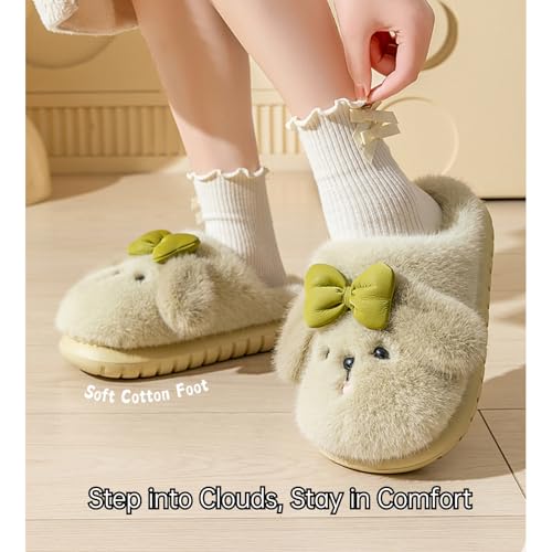 Fluffy Cute Puppy Warm Fuzzy Cartoon Adorable Dog Design with Bow Slippers Comfy Autumn Winter Indoor Outdoor Slippers2