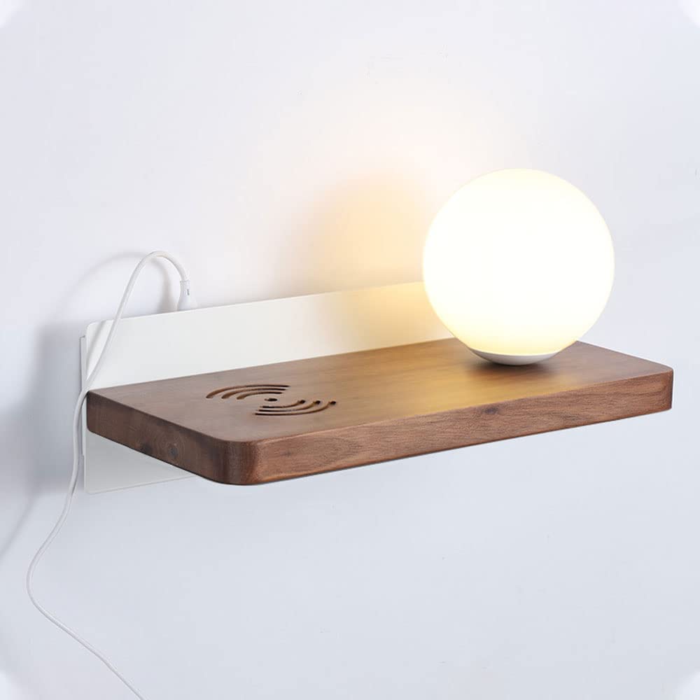 SXECAEPS Globe Walnut Wall Light Glass Bedside Sconce Lamp with USB Port Charging, Modern Headboard Lighting Fixture, Contactless Charge G9 Lamps for Bedroom Living Room