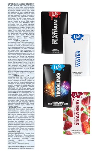 Image of Wet On The Go Variety Pack Personal Lubricant | Ultra-Smooth Silicone, Water-Based, Tingling Sensation & Strawberry Flavored | Single-Use Travel Sachets for Men, Women & Couples | 3mL, 8 Count
