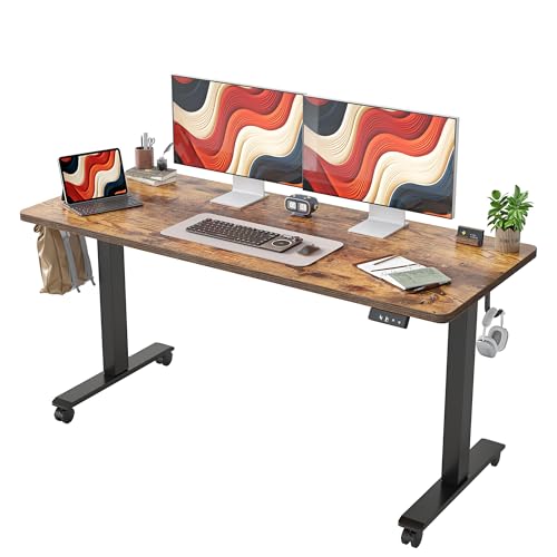 TIQLAB Electric Standing Desk, Adjustable Height Stand up Desk, 63 * 24 Inches Sit Stand Home Office Table with Splice Board, Rustic Brown