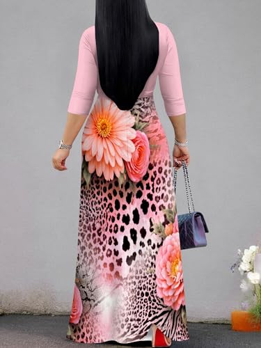 Image of PinkPatty Plus Size Maxi Dress for Women Casual V Neck 3 /4 Sleeve Boho Printed Long Dress with Pockets