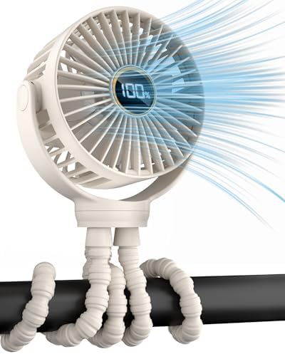 Stroller Fan, Portable Fan, Battery Powered Baby Clip On Fans, 3 Speeds Personal Cooling Fan with Rotatable Handheld for Car Seat Crib Bike Treadmill, Beige-white
