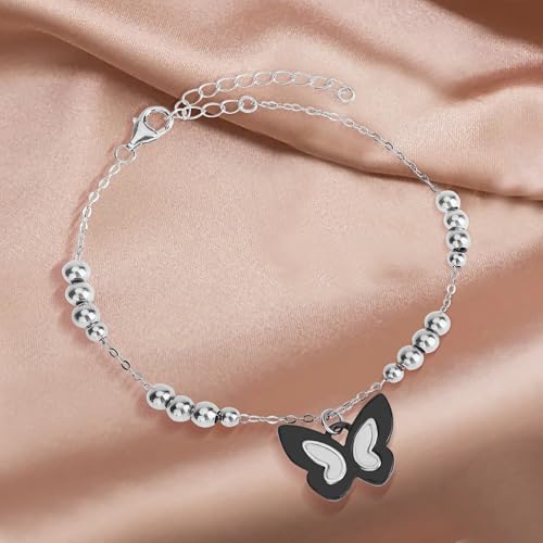 925 Sterling Silver Butterfly Bracelet with Beaded Chain, White Ceramic Charm,hollow out and Adjustable Length,Suitable for Mother's Day and Valentine's Day gifts4