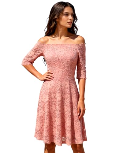 Image of Atnlewhi Womens Vintage Lace Floral Off Shoulder Elegant Swing Dresses A-line Mini Dress for Party Cocktail Wedding
