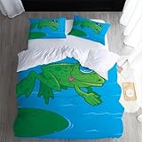 Generisch Lotusblatt-Frosch Bettwäsche 200×200, Verspielter Stil Mikrofaser Bettwäsche-Set, Bequemer Weicher Bettbezug und 2 Kissenbezüge 80×80, mit Reißverschluss, für Männer, Frauen XP424