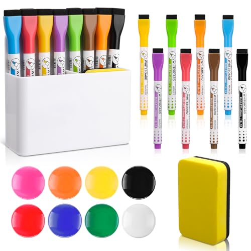 Vyuwast Juego de 18 accesorios para pizarra blanca, 1 soporte magnético para bolígrafos, 8 rotuladores para pizarra blanca, 8 imanes para pizarra magnética multicolor y 1 esponja para pizarra blanca,