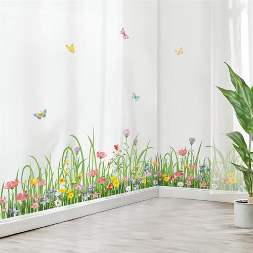 wondever Green Grass Floral Wall Corner Stickers Wildflower Butterflies Baseboard Skirting Line Wall Decals for Living Room Bedroom Dining Room (W:62 inches) by wondever - Used condition - Image 2