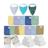 KaWaii Baby Reusable Value Pack-12 Hook N Loop Cloth Diapers + 12 Diaper Inserts + 3 Teething Drooling Bandana + 200-Count Diaper Liners