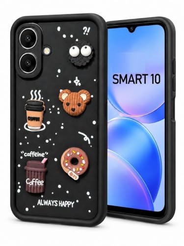 Image of Bintage Back Cover Compatible for Infinix X6725 / SMART 10 4G | Cute Fun Ball | 3D Taddy Smiley Coffee | Milk Case | Full Body Protection - Black