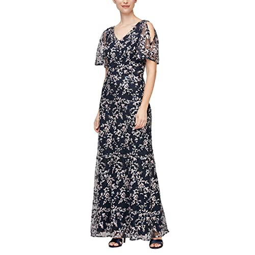 Alex Evenings Women's Long Mother of the Bride Stretch Sequin Dress with Cold Shoulder Flutter Sleeves (Petite and Regular Sizes), Navy and Pink, 4