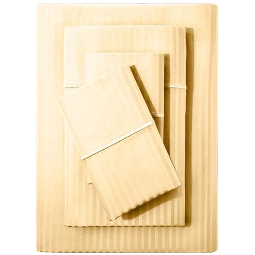 Feather & Stitch 500 TC King Size Damask Bed Sheet Set, 100% Cotton Soft Breathable Bedsheets, 4 Piece 18' Deep Pockets Sateen Weave Striped Bedding Mattress Resort Hotel Luxury- (Semolina Stripe)