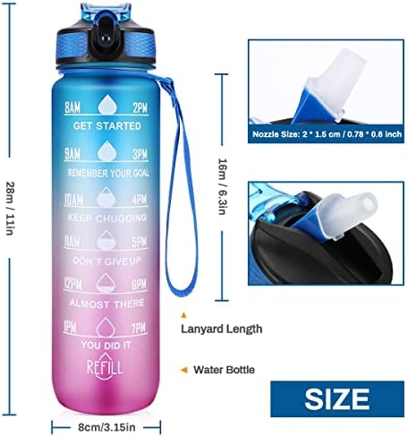 1 Litre Water Bottle with Time Markings - Leakproof Sports Water Bottle with Straw, BPA Free Drinking Bottle Sports Bottle for Men Women Cycling Hiking Running Gym