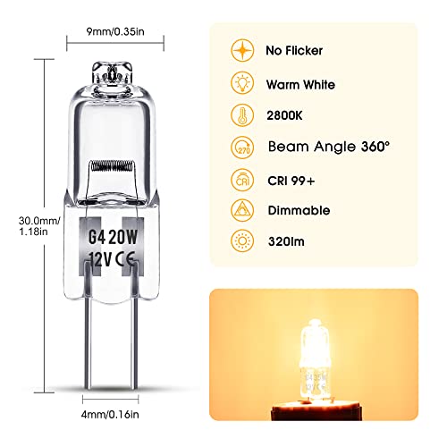 G4 Light Bulbs 20W Dimmable, 10 Pack G4 Bulb, Halogen Bulb 2 Pin 12 Volt 20Watt T3 Jc Bi-Pin Capsule Xenon Bulb, 2800K Warm G4 Base Halogen Lights For Puck Lights, Hood Light, Desk Lamp, Chandelier #TOP2