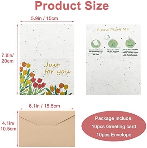 Acidea Plantable Seed Paper Cards with Envelopes, 10 Set Handmade Seed Paper Greetings Cards, Embedded with Flower Petals, Blooms into Noon Flower, Gift Cards (Just for You)