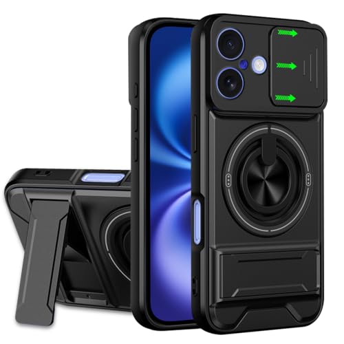 Image of AESTMO iPhone 16 Back Cover | Armor Camera Slider 360 Degree Rotating Finger Ring Holder Case with Bracket Stand Back Case Cover (Compatible with MagSafe Accessories) (Black)