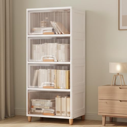 JD FRESH 4 Tier X-Large Cupboard for Storage/Stackable Plastic Storage Cabinet/Foldable Wardrobe for Clothes/Multipurpose Storage Organizer/Closet for Bedroom/Living Room/Kitchen (Transparent & White)