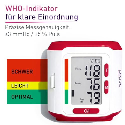 scala SC 6400 rot Handgelenk Blutdruckmessgerät – Präziser Blutdruckmesser mit WHO-Indikator & 85 Speicherplätzen – Fuzzy Logic Technologie – Inkl. Box & Batterien – Manschette 13,5-19,5 cm