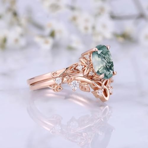 Moss Agate Engagement Ring for Women 1CT Pear/Oval Cut Ring S925/10K/14K/18K Nature Inspired Leaf Floral Moss Agate Ring Unique Celtic Knot Ring Set Gift For Her Size3-162