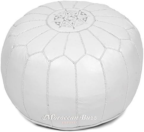 Moroccan Buzz Premium Leather Pouf Ottoman Cover, White (UNSTUFFED Pouf)