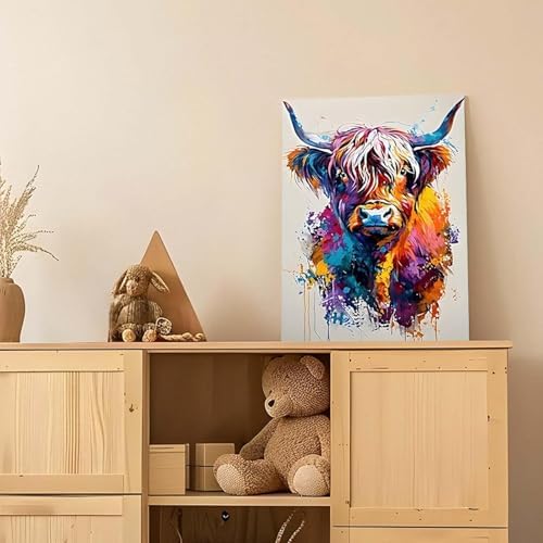 Lienzo de vaca de las Tierras Altas multicolor obra abstracta de 55x75 cm sin marco 3