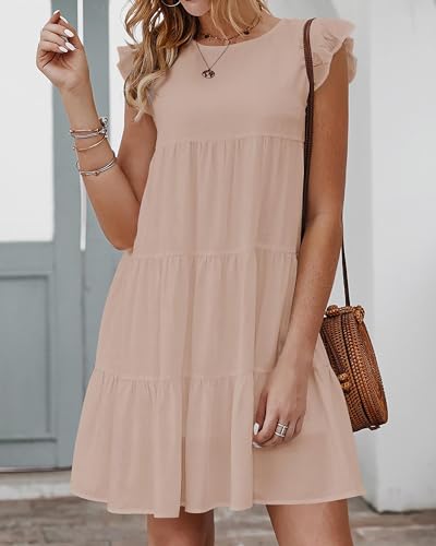 Image of KIRUNDO Summer Dresses for Women Sundress Sleeveless Ruffle Sleeve Round Neck Loose Short Flowy Pleated Mini Babydoll Dress