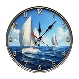 Nautical Wall Clock, Multi-Colored Metal Frame, 10 Inch Round, Silent Movement, Coastal Style Ocean Sailboat Scene, Battery Operated, for Indoor Living Room
