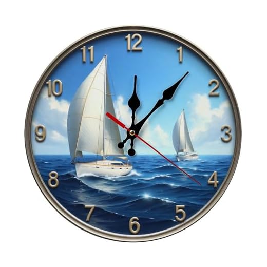 Nautical Wall Clock, Multi-Colored Metal Frame, 10 Inch Round, Silent Movement, Coastal Style Ocean Sailboat Scene, Battery Operated, for Indoor Living Room