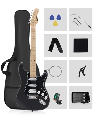 RVONE RST-150 39' Beginner Electric Guitar Kit with Amp & HSS Pickups | Complete Starter Set for Newcomers w/Essentials | Gig Bag, Extra Strings, Digital Tuner, Capo, Strap | Home Practice (Black)