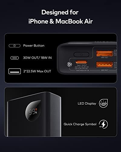 Baseus Power Bank, PD 30W 10000mAh Powerbank PD 3.0 QC 4.0 Fast Charging USB C Mini Powerbank Portable Battery Pack with LED Display for iPhone 14/13/12/11/XR, MacBook Air, iPad Pro