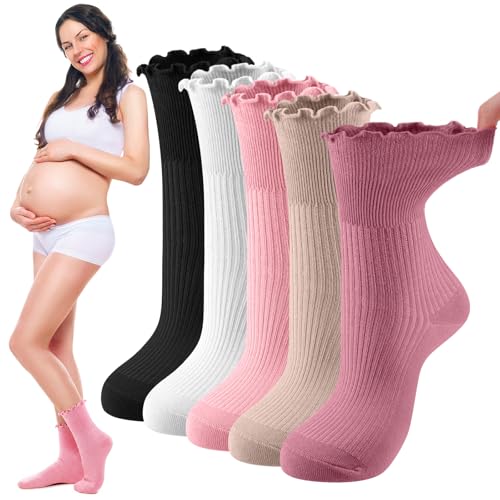 Twistover 5 Pairs Maternity Crew Socks Cotton Loose Fitting Labor Delivery Pregnancy Socks for Swollen Feet (Ruffle,Mixed Colors)