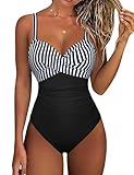 Hilor Underwire One Piece Tummy Control Bathing Suit for Women Front Twist Shirring Swimsuit Flattering Swimwear Black&White Stripes 14