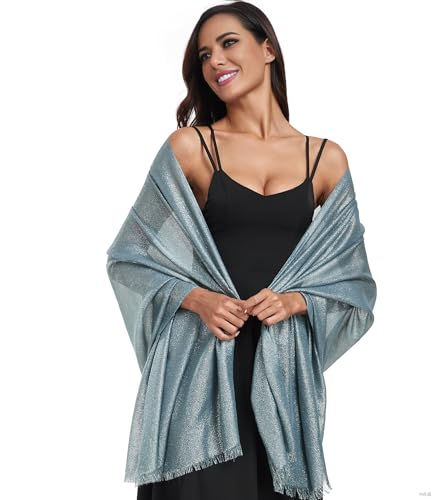 Image of Pukguro Sparkling Metallic Shawls and Wraps for Weddings Lightweight Wraps Scarf for Women Evening Formal Party Dusty Blue