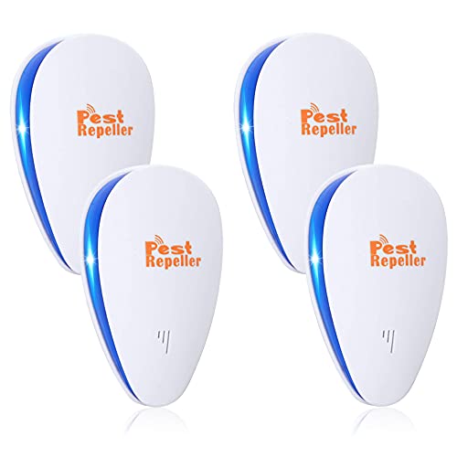 Lot de 4 répulsifs à ultrasons pour souris, cafards, fourmis, mouches, moustiques, rongeurs, sans danger pour les animaux domestiques et les humains Cover