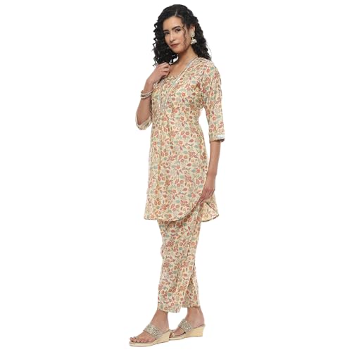 Image of Rangriti Ecru Viscose Blend Floral Printed Straight Co-ord Set For Women