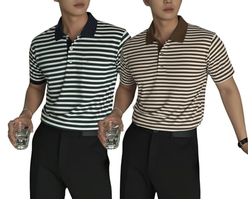 Image of MACK JONNEY Men's Cotton Polo T-Shirt | Regular Fit | Short Sleeve | Striped Casual Wear | Pack of 2 -MJ-1